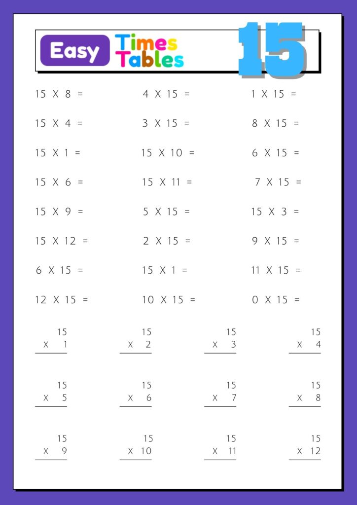 Images with printable exercises of multiplication table 15